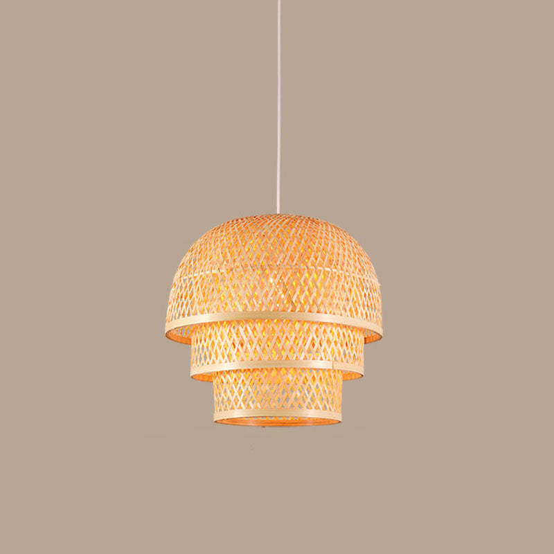 Single Restaurant Down Lighting Pendant Asian Wood Hanging Lamp with Tiered Bamboo Shade