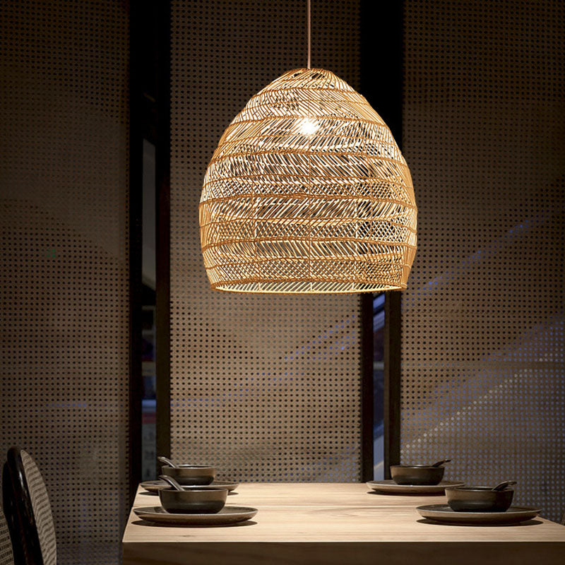 Rattan Cloche Pendant Ceiling Light Asian Single-Bulb Suspension Lighting over Dining Table