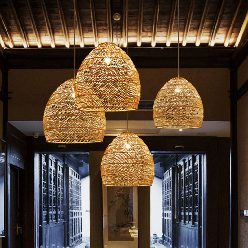 Rattan Cloche Pendant Ceiling Light Asian Single-Bulb Suspension Lighting over Dining Table