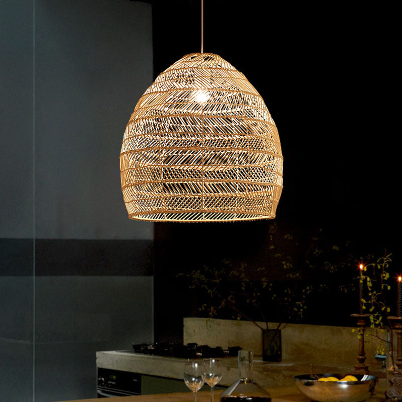 Rattan Cloche Pendant Ceiling Light Asian Single-Bulb Suspension Lighting over Dining Table