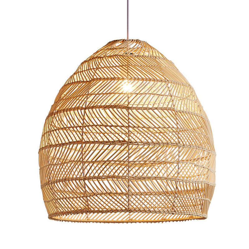 Rattan Cloche Pendant Ceiling Light Asian Single-Bulb Suspension Lighting over Dining Table