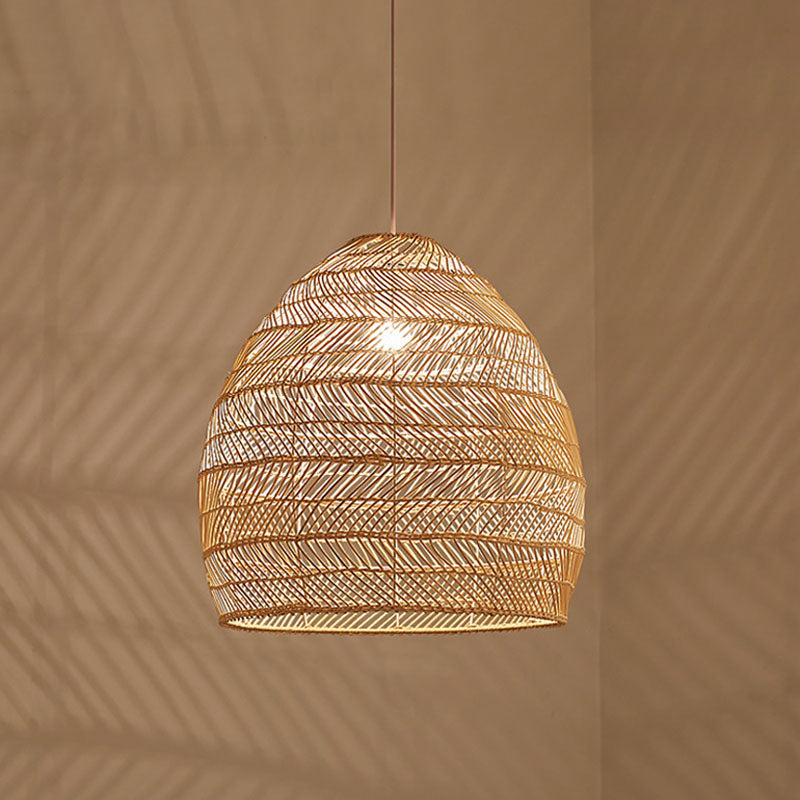 Rattan Cloche Pendant Ceiling Light Asian Single-Bulb Suspension Lighting over Dining Table