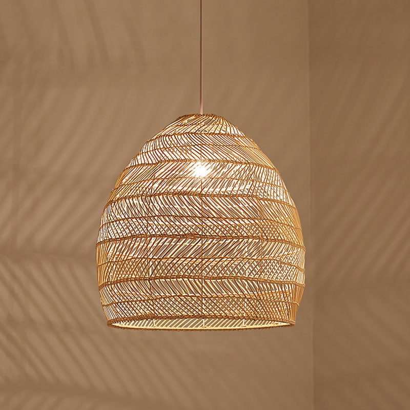 Rattan Cloche Pendant Ceiling Light Asian Single-Bulb Suspension Lighting over Dining Table