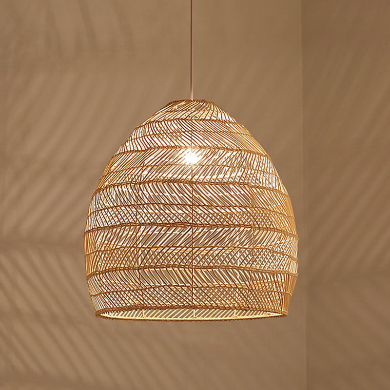 Rattan Cloche Pendant Ceiling Light Asian Single-Bulb Suspension Lighting over Dining Table