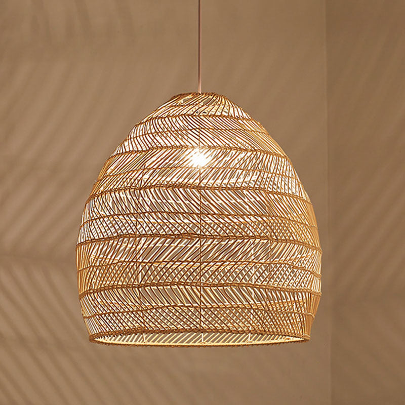 Rattan Cloche Pendant Ceiling Light Asian Single-Bulb Suspension Lighting over Dining Table