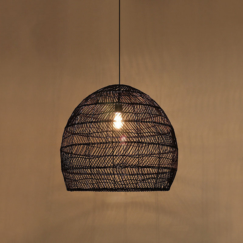 Rattan Cloche Pendant Ceiling Light Asian Single-Bulb Suspension Lighting over Dining Table