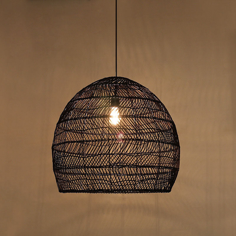 Rattan Cloche Pendant Ceiling Light Asian Single-Bulb Suspension Lighting over Dining Table