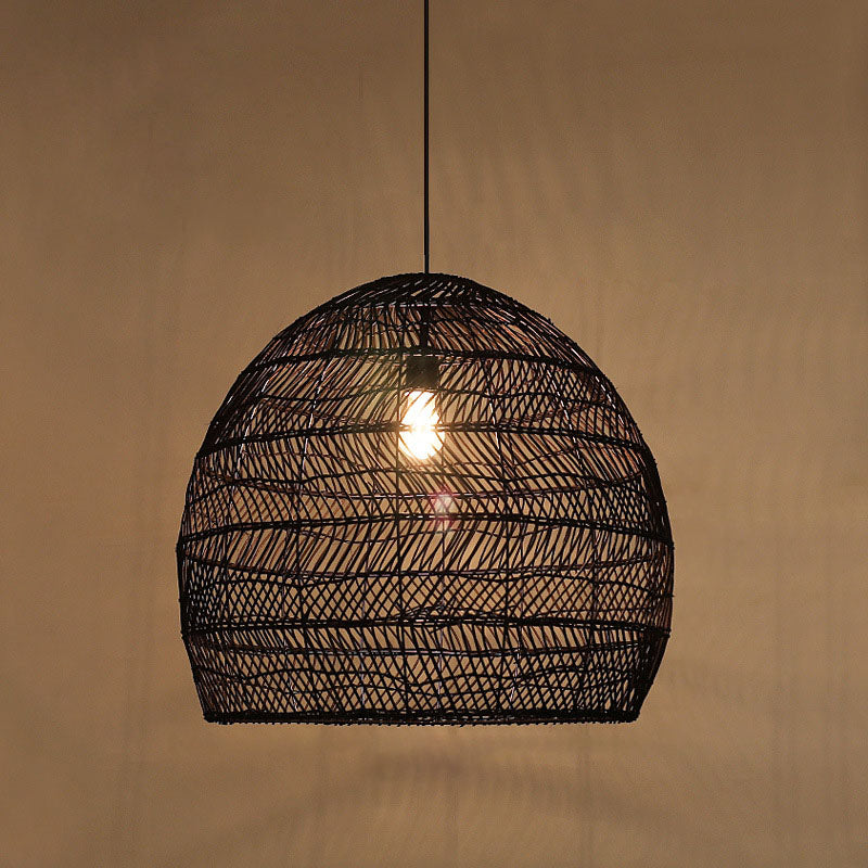 Rattan Cloche Pendant Ceiling Light Asian Single-Bulb Suspension Lighting over Dining Table