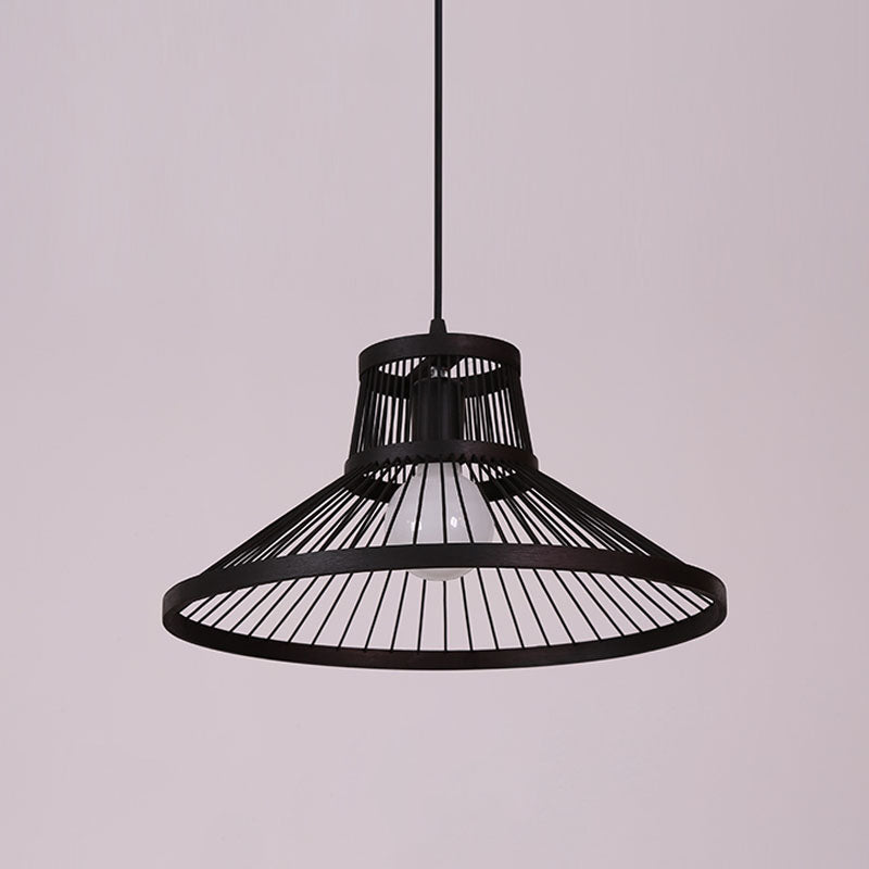 Bamboo Cage Style Pendant Lighting Chinese 1-Light Black Ceiling Suspension Lamp