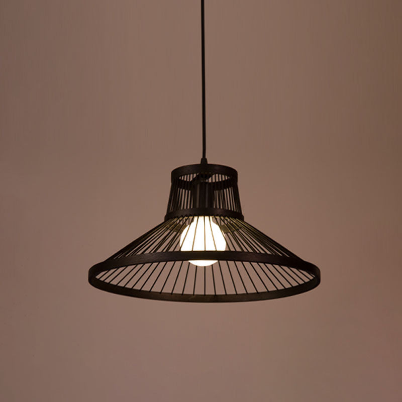 Bamboo Cage Style Pendant Lighting Chinese 1-Light Black Ceiling Suspension Lamp