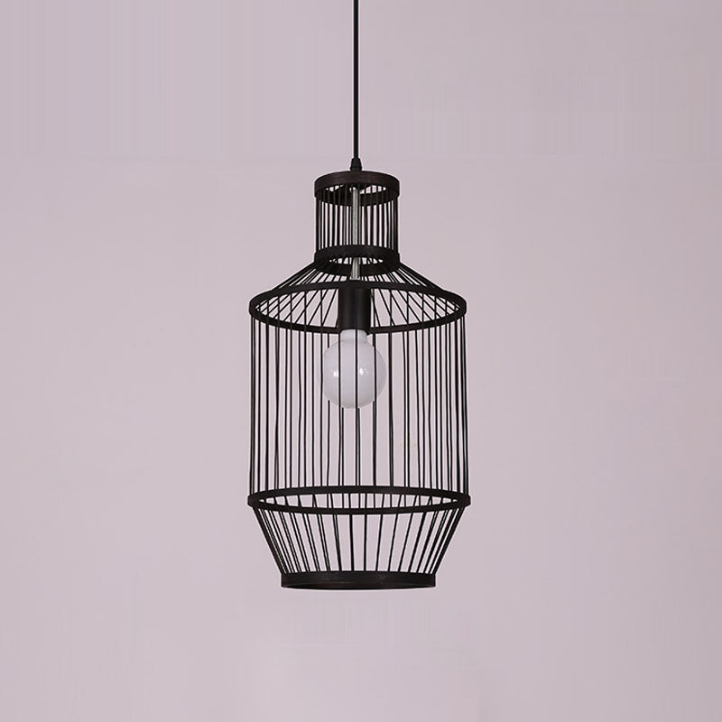 Bamboo Cage Style Pendant Lighting Chinese 1-Light Black Ceiling Suspension Lamp