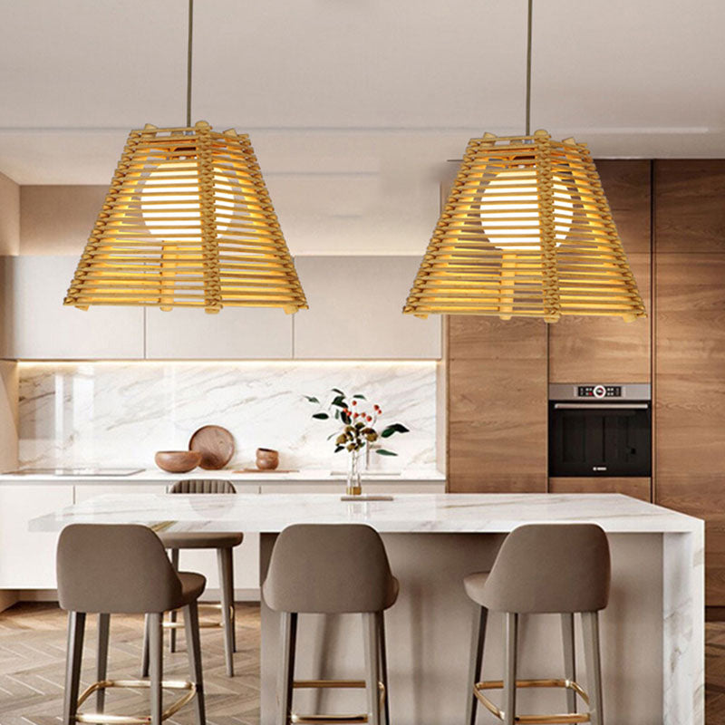 Bamboo Slatted Hanging Light Kit Asian 1 Light Wood Down Lighting Pendant over Table