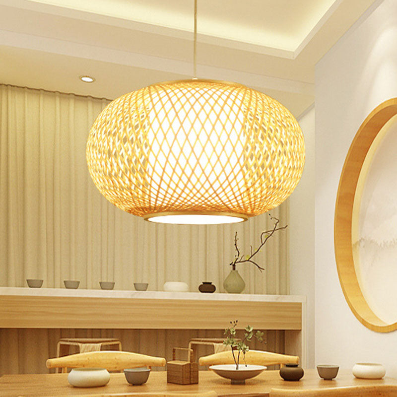Criss Cross Weaving Hanging Lamp Chinese Bamboo 1 Bulb Tearoom Pendant Light Kit in Wood