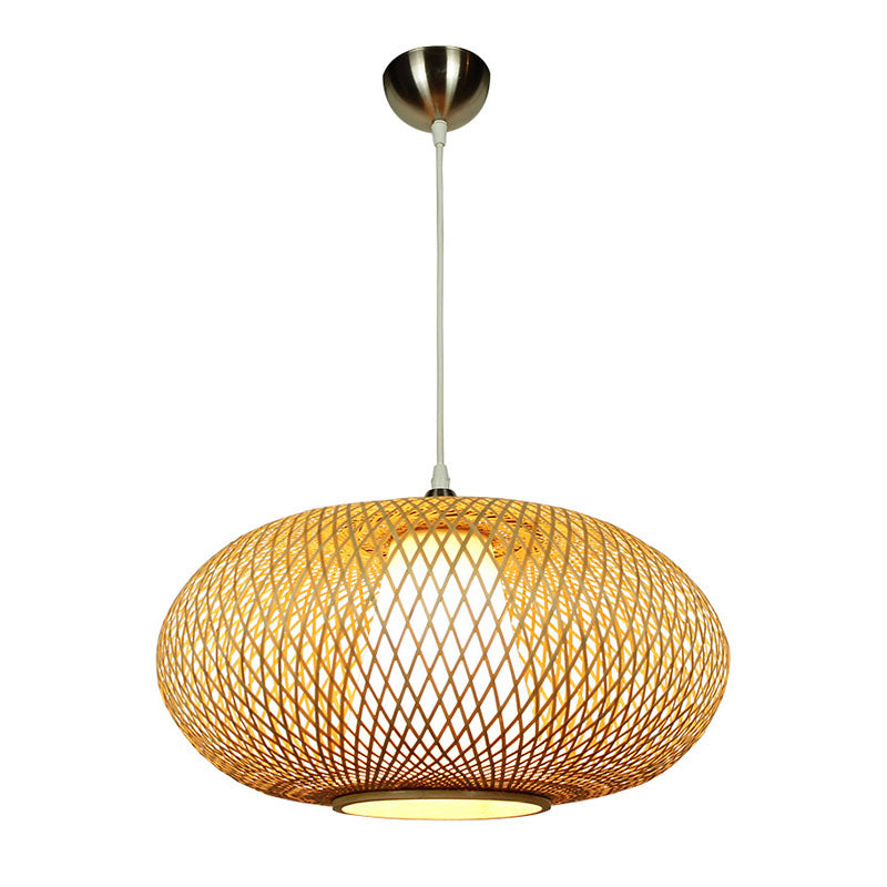 Criss Cross Weaving Hanging Lamp Chinese Bamboo 1 Bulb Tearoom Pendant Light Kit in Wood