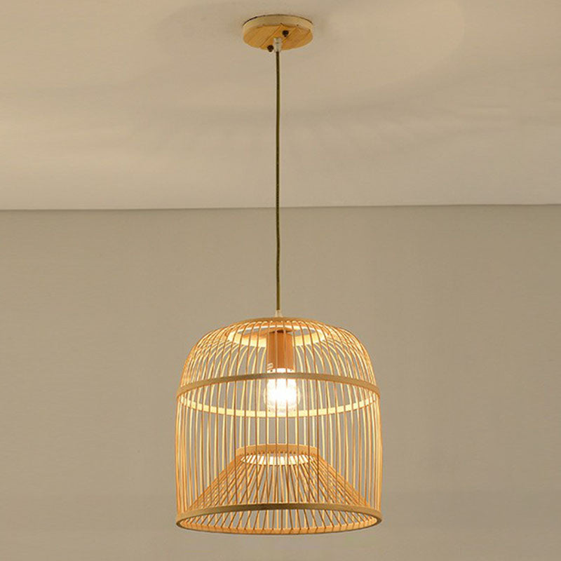 Geometric Shape Guest Room Pendant Light Bamboo Single Asian Hanging Light in Wood