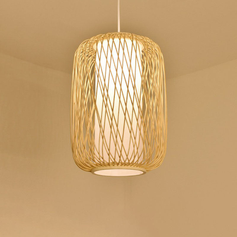 Cage Lantern Pendant Light Fixture Asia Bamboo 1-Light Bistro Suspension Lamp in Wood