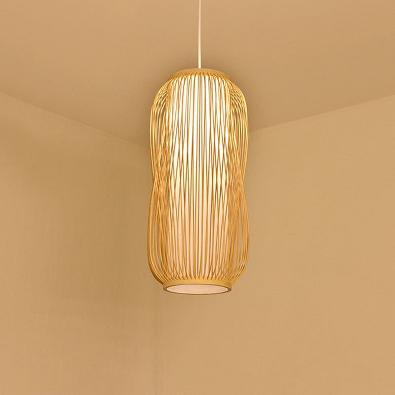 Cage Lantern Pendant Light Fixture Asia Bamboo 1-Light Bistro Suspension Lamp in Wood