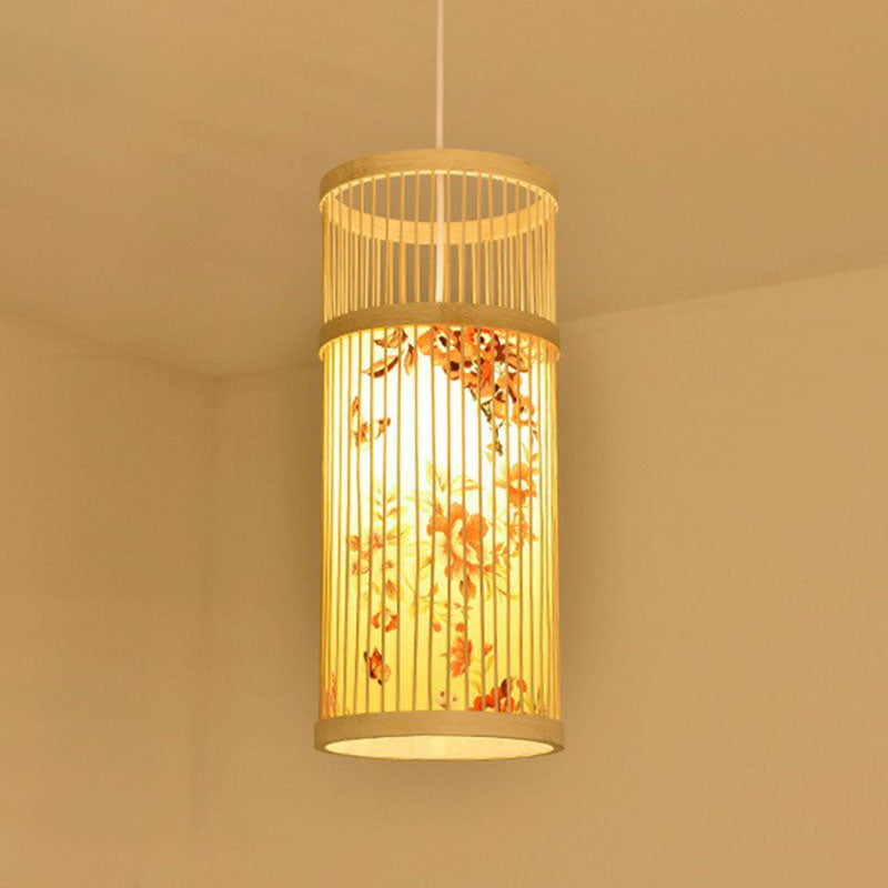 Cage Lantern Pendant Light Fixture Asia Bamboo 1-Light Bistro Suspension Lamp in Wood