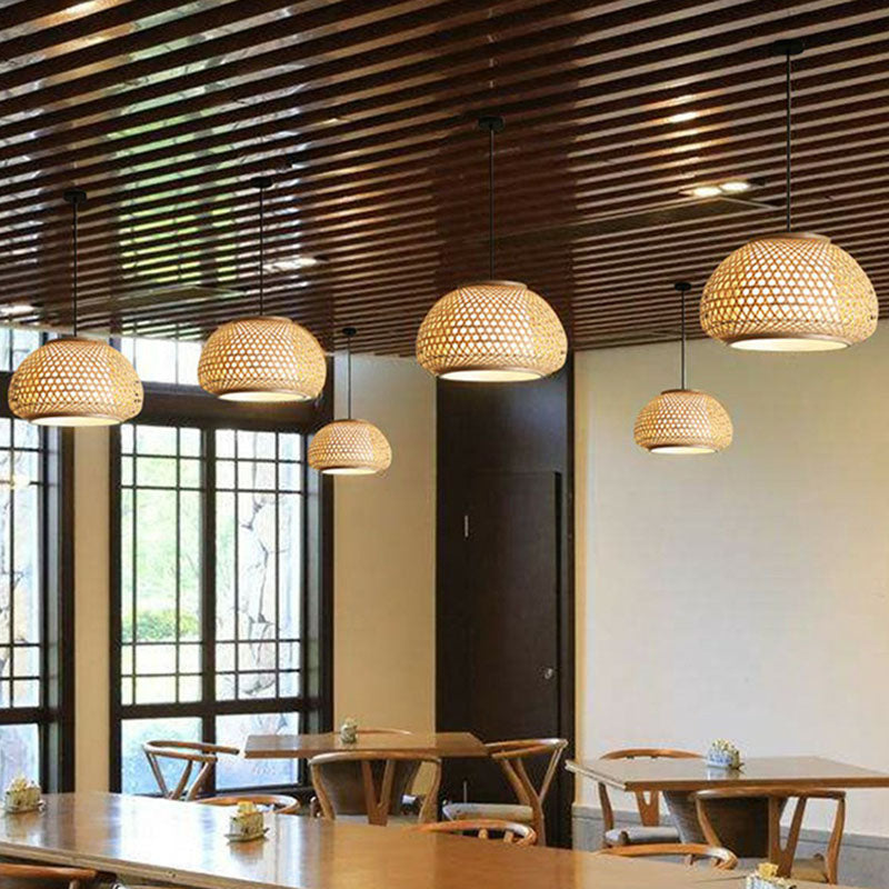 Wood Bowl Shaped Pendant Asian 1 Light Bamboo Woven Ceiling Hang Light for Dining Room