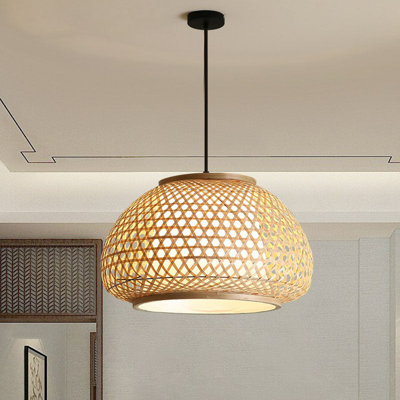 Wood Bowl Shaped Pendant Asian 1 Light Bamboo Woven Ceiling Hang Light for Dining Room