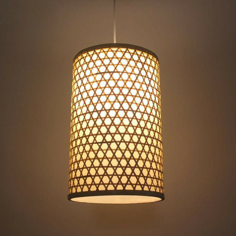 Beige Cylindrical Pendant Light Kit Asia 1-Light Bamboo Hanging Lamp for Dining Room