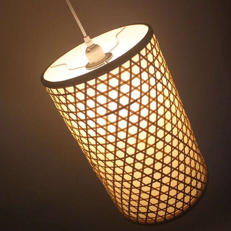 Beige Cylindrical Pendant Light Kit Asia 1-Light Bamboo Hanging Lamp for Dining Room