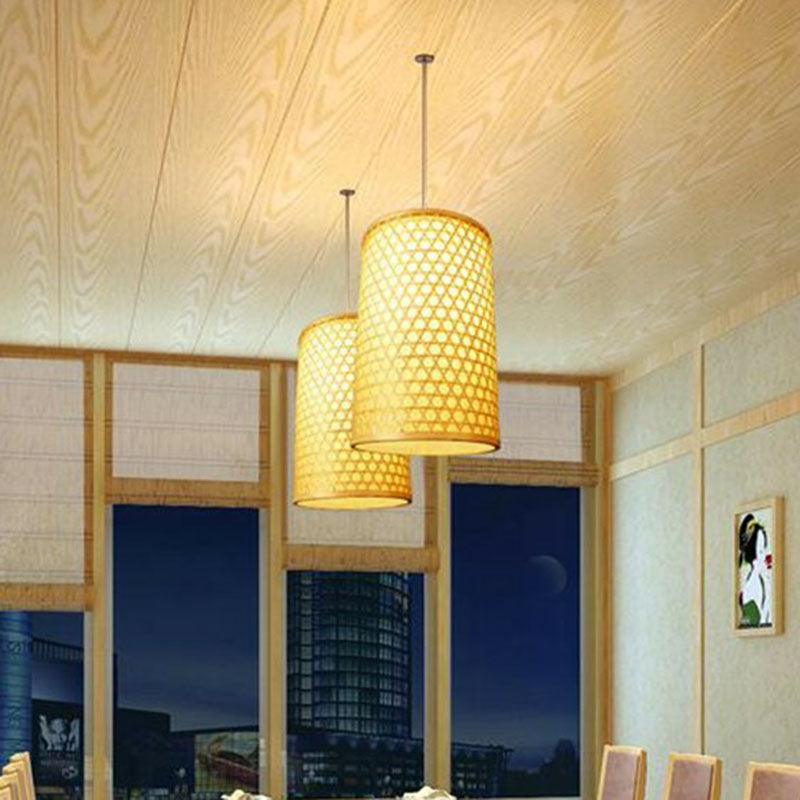 Beige Cylindrical Pendant Light Kit Asia 1-Light Bamboo Hanging Lamp for Dining Room