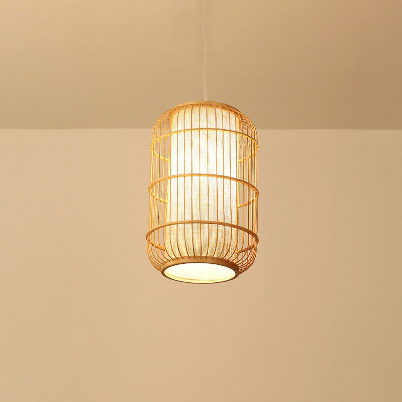 Oval Hanging Ceiling Lantern Chinese Bamboo Single Wood Pendant Lamp with Shade Inside