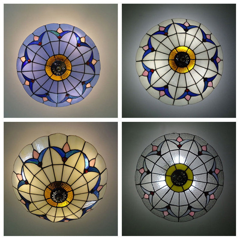 Living Room Ceiling Lights Rustic Style 10"/12" Inch Dome Flush Mount Light Fixture with Jewel Decoration in White/Beige/Blue/Clear