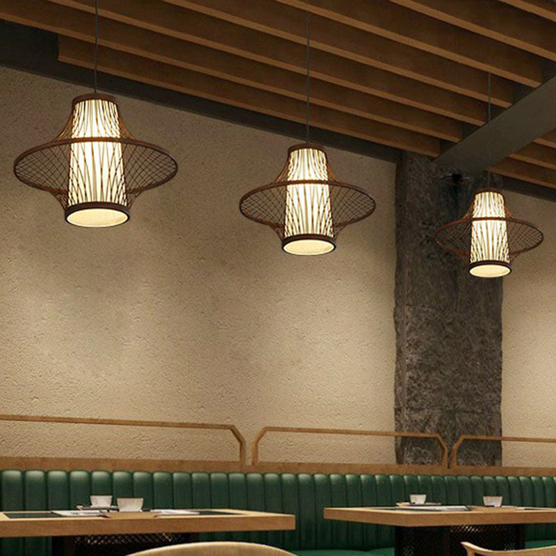 Flared Bamboo Pendant Light Fixture Asian Single Bulb Suspension Lighting with White Shade Inner