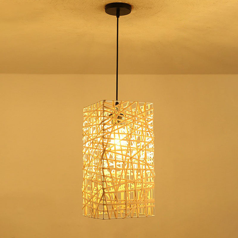 Cottage Woven Shade Drop Pendant Wood 1 Bulb Restaurant Hanging Light Kit in Beige