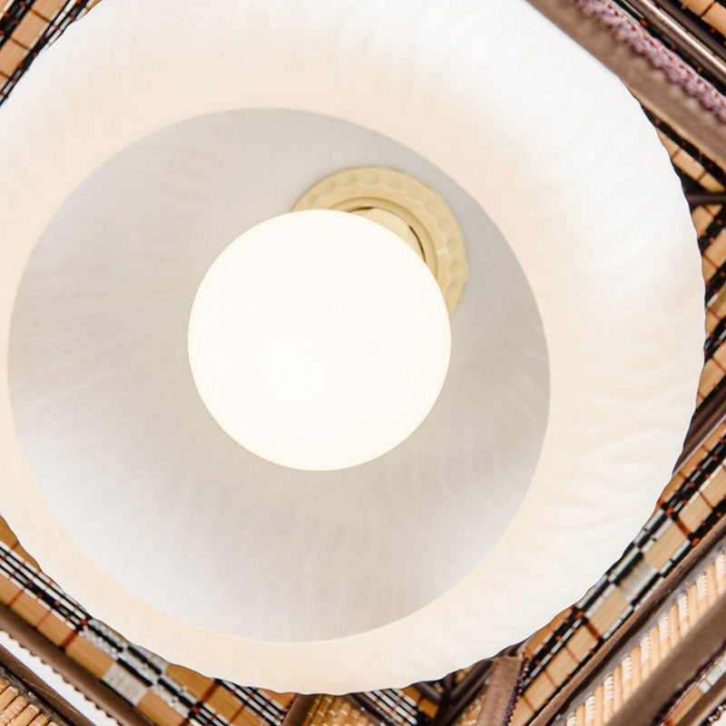 Asian Lodge Pendant Light Kit Bamboo Single Bedside Hanging Lamp in Wood with Dome Milk Glass Shade Inside