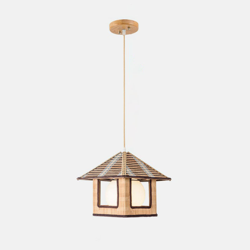 Asian Lodge Pendant Light Kit Bamboo Single Bedside Hanging Lamp in Wood with Dome Milk Glass Shade Inside