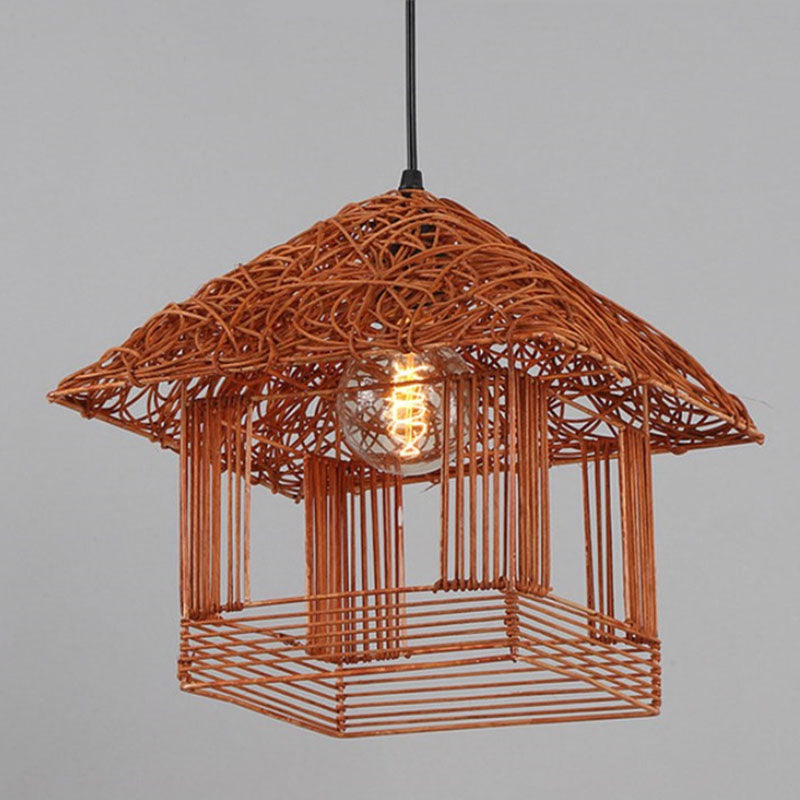 Rattan Woven House Shaped Pendant Country Style Single-Bulb Hanging Ceiling Light