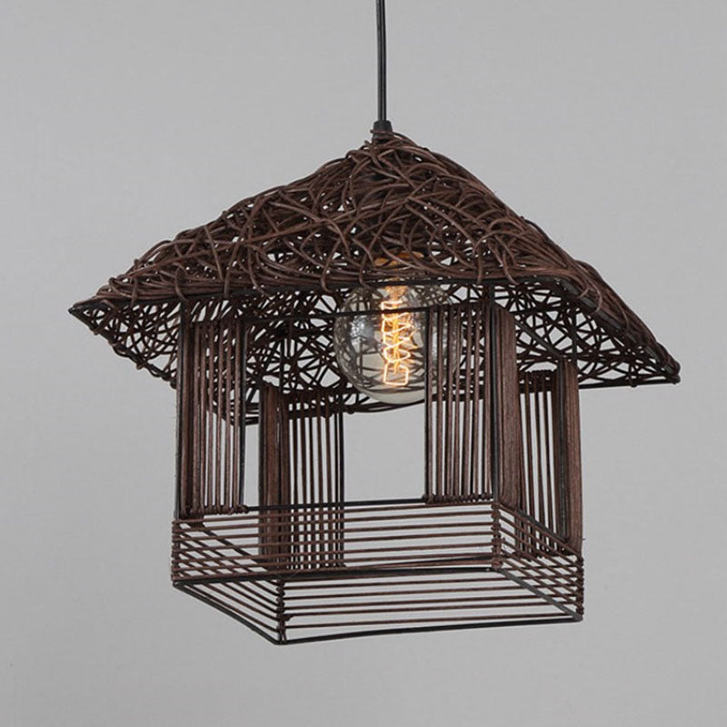 Rattan Woven House Shaped Pendant Country Style Single-Bulb Hanging Ceiling Light