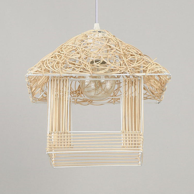 Rattan Woven House Shaped Pendant Country Style Single-Bulb Hanging Ceiling Light