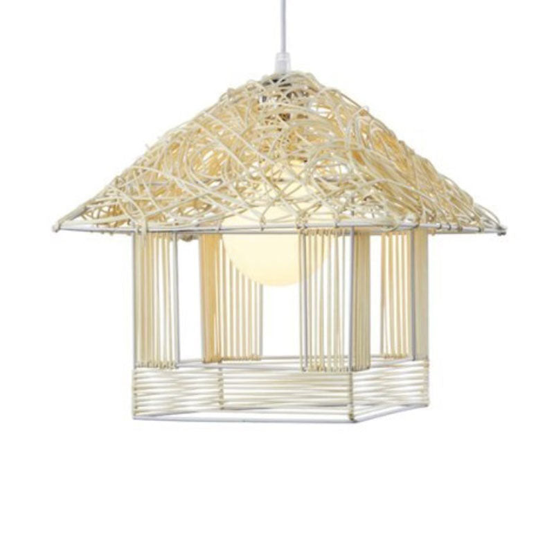 Rattan Woven House Shaped Pendant Country Style Single-Bulb Hanging Ceiling Light