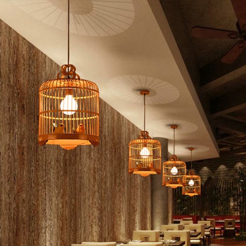 Handcrafted Bird Cage Pendulum Light Chinese Bamboo 1 Bulb Wood Down Lighting Pendant