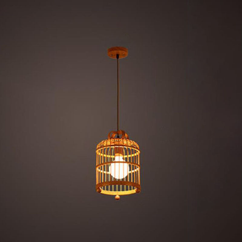 Handcrafted Bird Cage Pendulum Light Chinese Bamboo 1 Bulb Wood Down Lighting Pendant