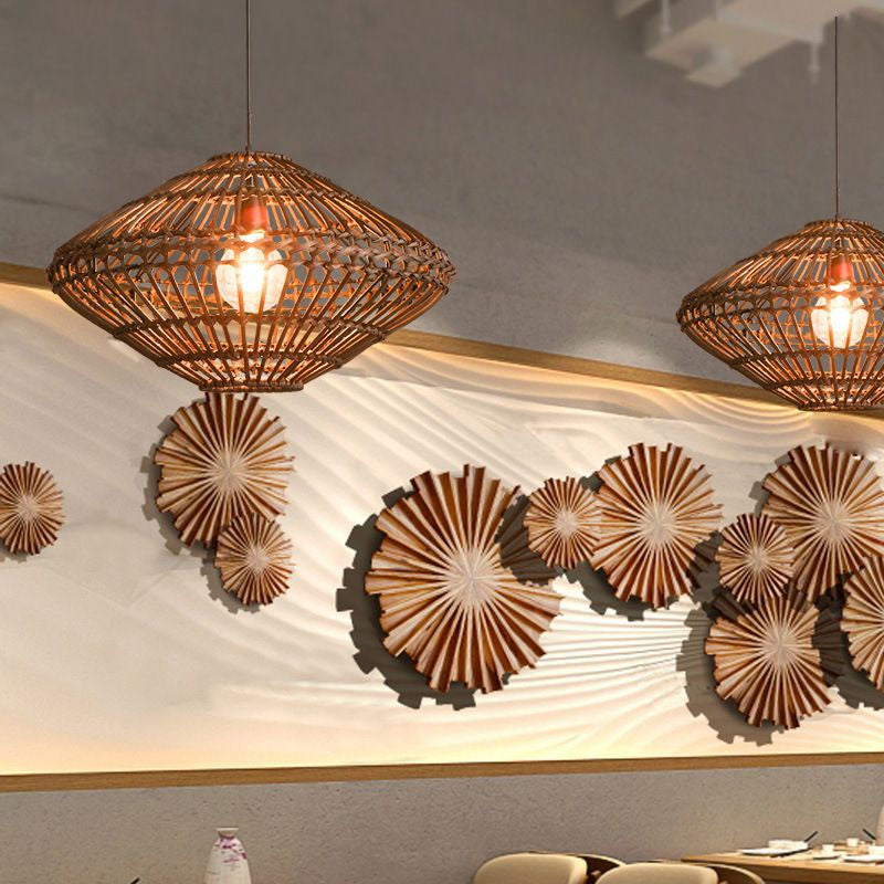UFO Rattan Pendant Lighting Fixture Novelty Asia 1-Light Coffee Suspension Light