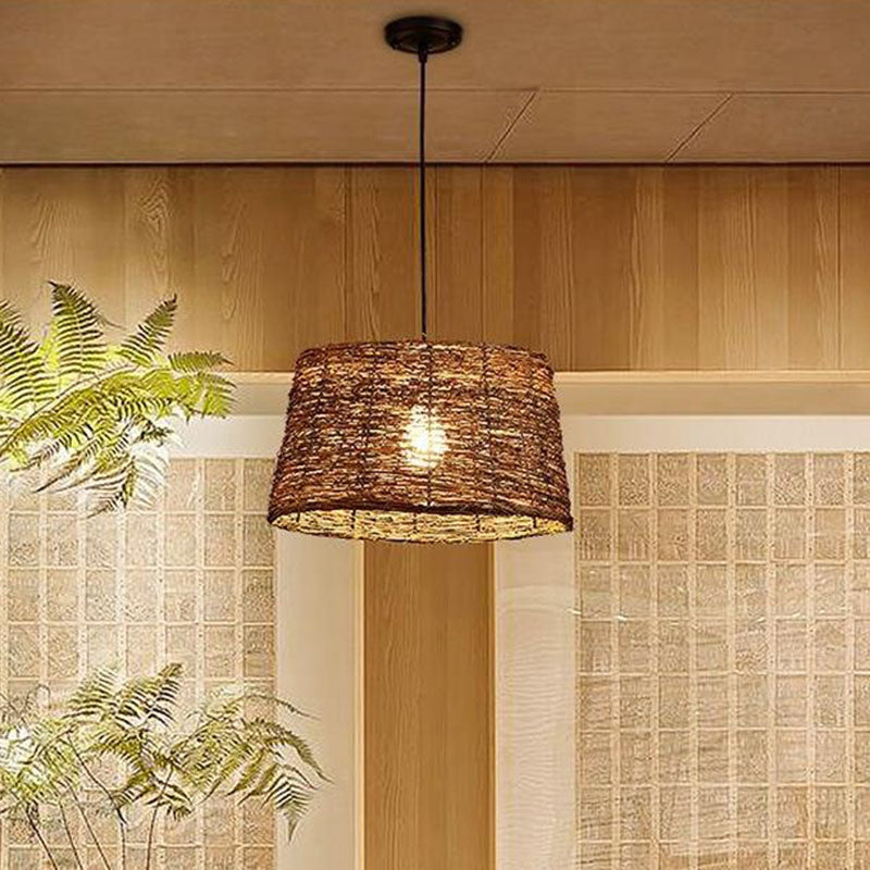 Brown Geometry Suspension Lamp Rustic Single Rattan Hanging Pendant Light for Living Room