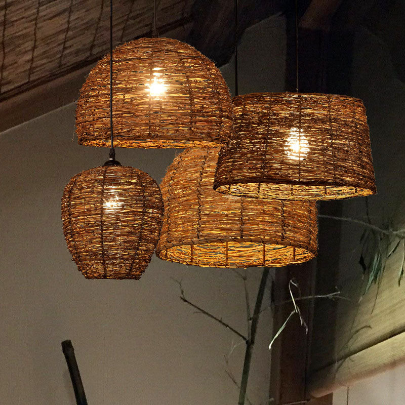 Brown Geometry Suspension Lamp Rustic Single Rattan Hanging Pendant Light for Living Room