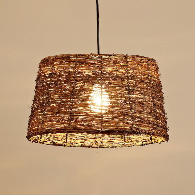 Brown Geometry Suspension Lamp Rustic Single Rattan Hanging Pendant Light for Living Room