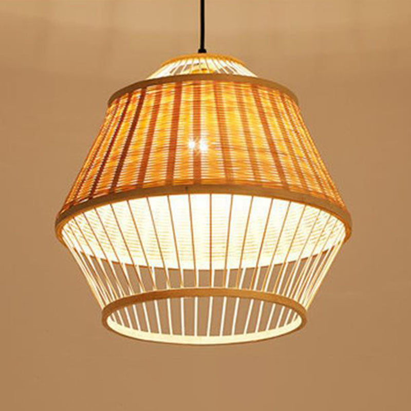 Hand Twisted Ceiling Suspension Lamp Asian Rattan 1 Bulb Bedside Pendant Light in Wood