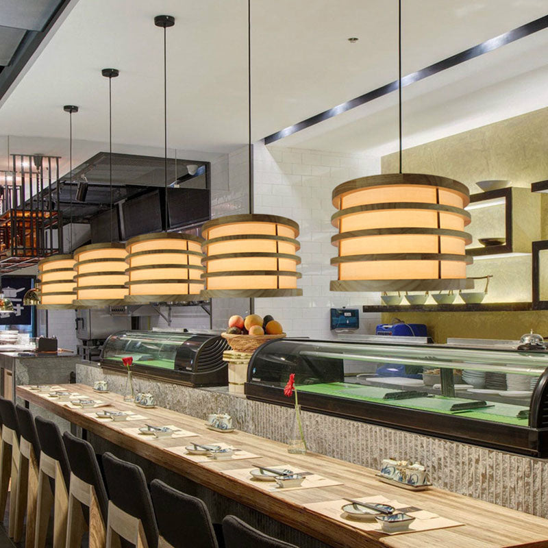 Beige Bucket Shaped Ceiling Pendant Contemporary 1-Light Wood Hanging Light Fixture