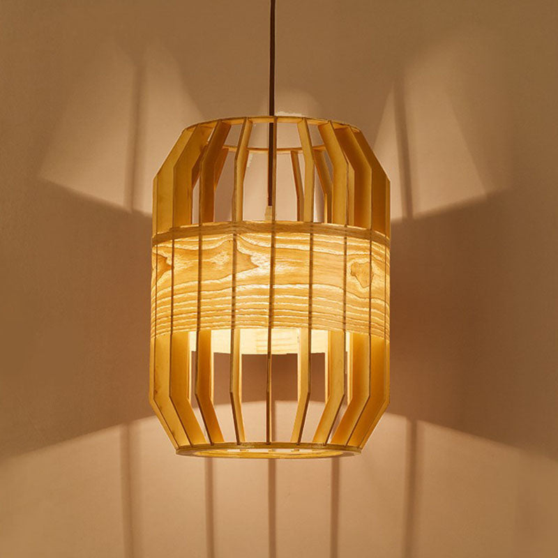 Slatted Cage Wooden Pendant Light Asia Single Bulb Beige Suspended Lighting Fixture