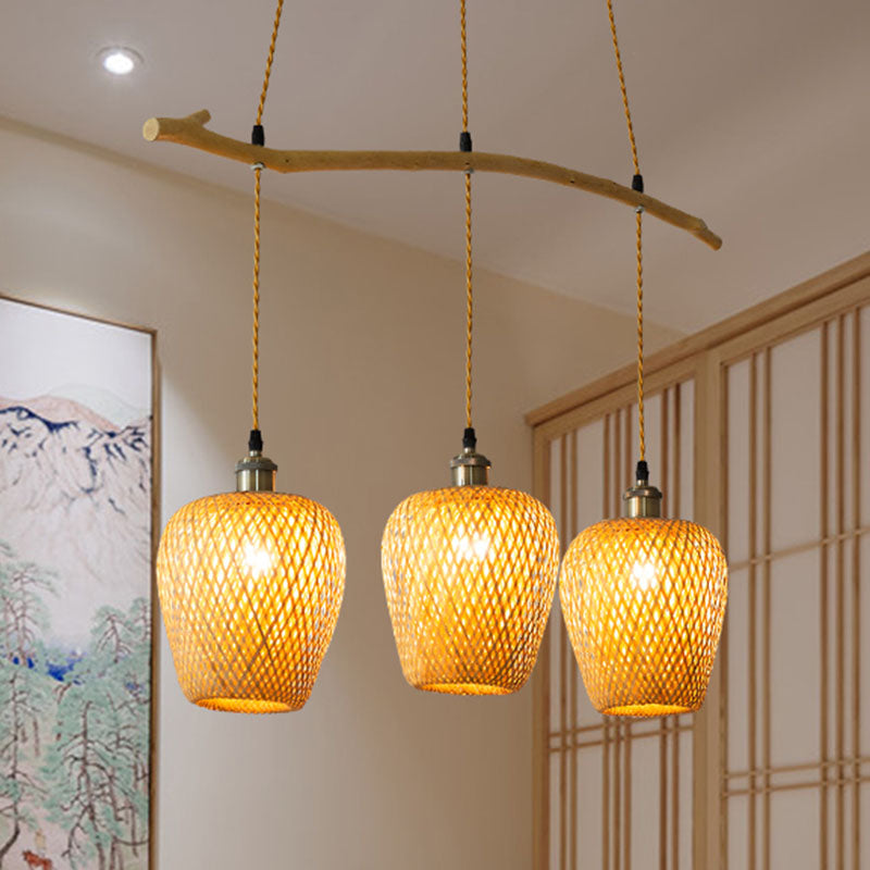 Chinese Style Single Multi-Light Pendant Wood Lantern Hanging Light with Bamboo Shade