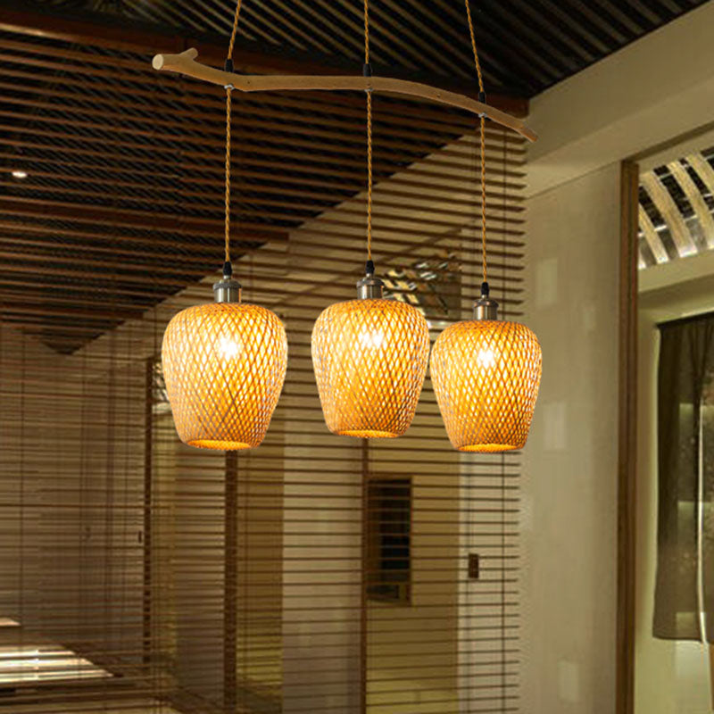 Chinese Style Single Multi-Light Pendant Wood Lantern Hanging Light with Bamboo Shade