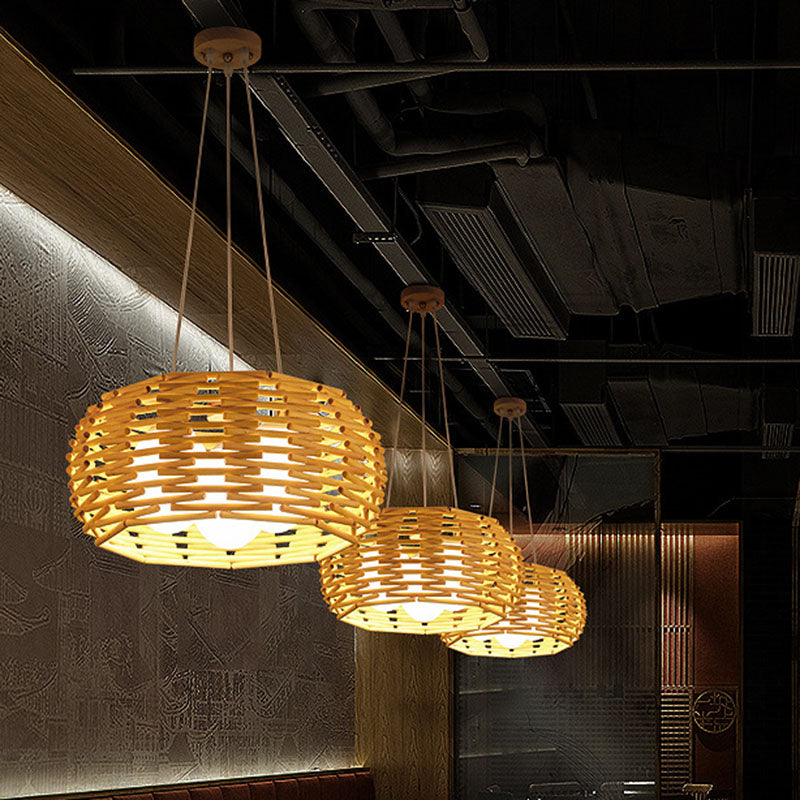 Plafond d'oiseau en bois lustre de bambou asiatique suspendu pendant léger avec une nuance en verre d'oeuf d'oeuf