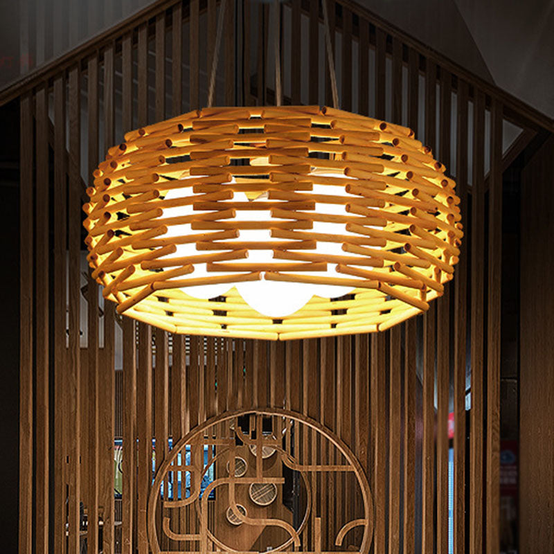 Luz colgante de colgantes de bambú asiático de lámpara de techo de nido de pájaros de madera con sombra de vidrio de ópalo de huevo